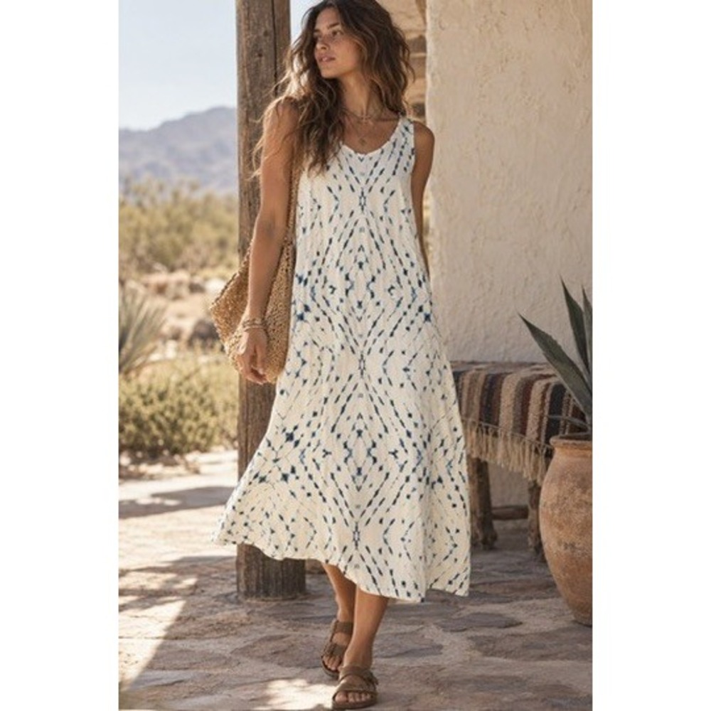 Pure Jill J. Jill Women Blue White Shibori Tie Dye Cotton Modal Midi Dress M